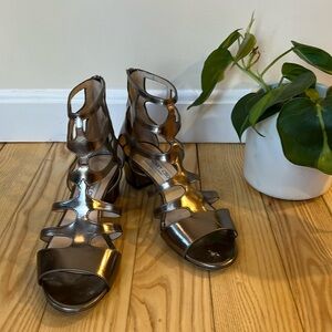 Jimmy Choo gladiator leather metallic block heel